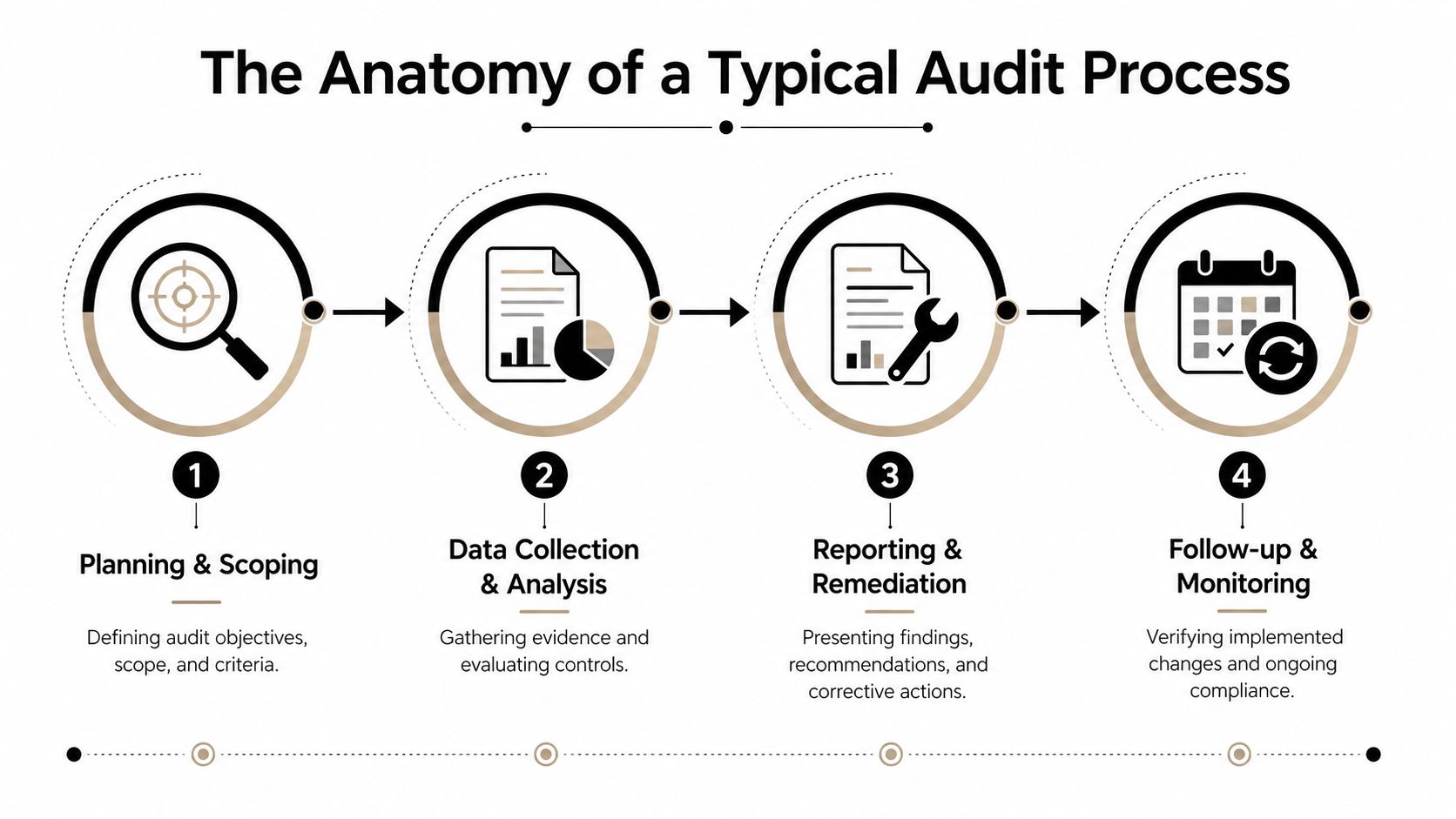 A diagram illustrating the four typical stages of an audit process: planning, data collection, reporting, and follow-up.