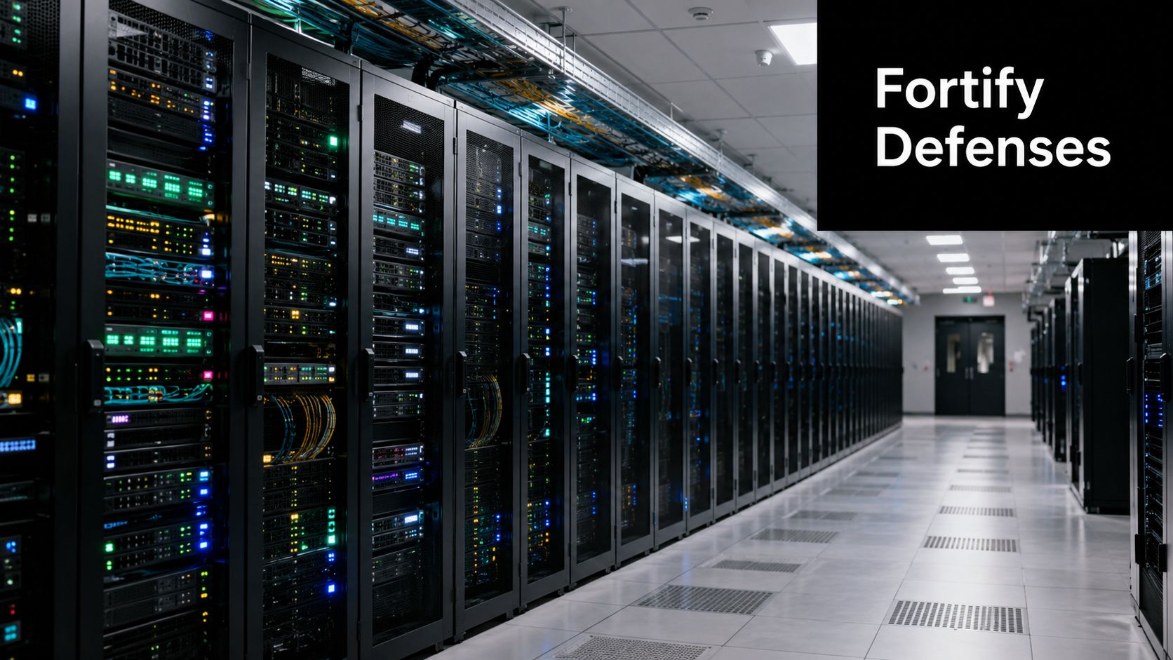 A long aisle in a modern data center with rows of server racks and glowing indicator lights.