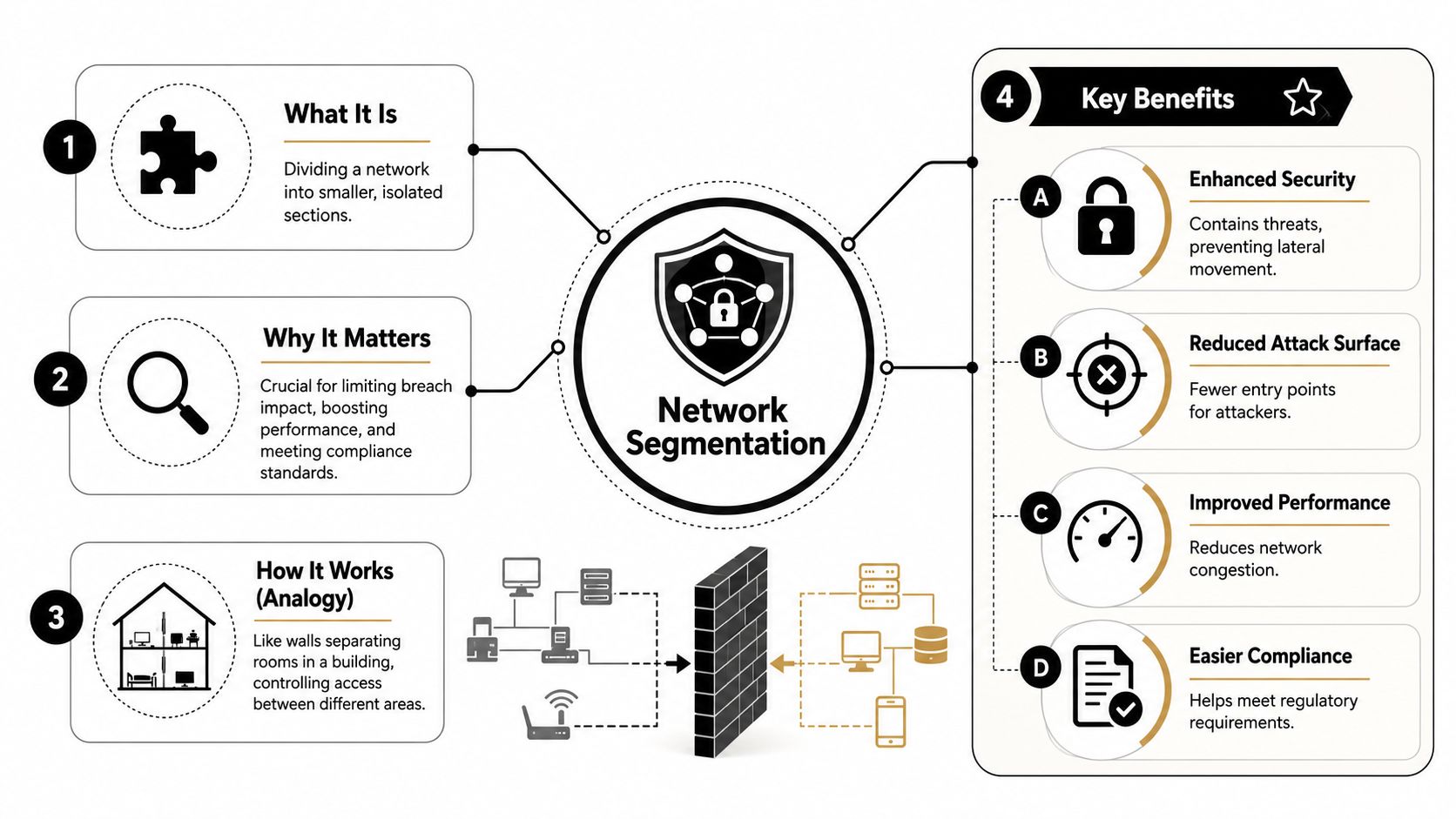 A diagram illustrating the concept of network segmentation, its benefits, and how it functions as security.