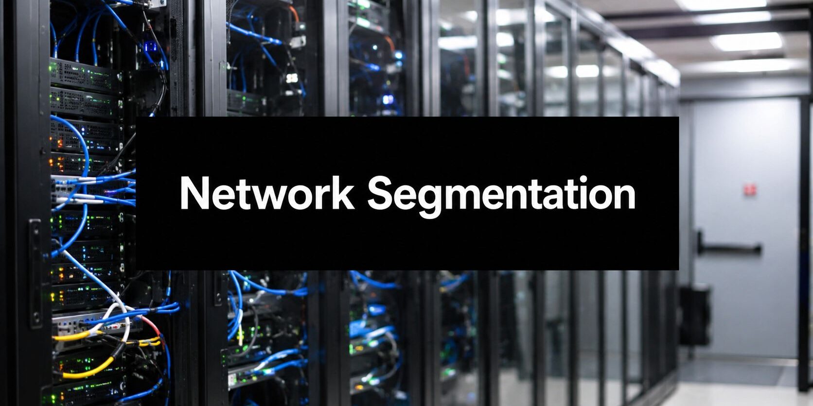 what-is-network-segmentation-network-segmentation Server racks in a data center with blue cables and a bold banner reading 'Network Segmentation'.