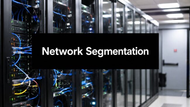 what-is-network-segmentation-network-segmentation Server racks in a data center with blue cables and a bold banner reading 'Network Segmentation'.