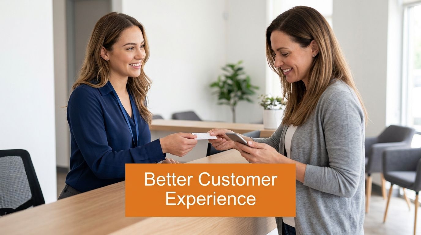 A friendly receptionist hands a business card to a smiling customer at a modern office reception desk.