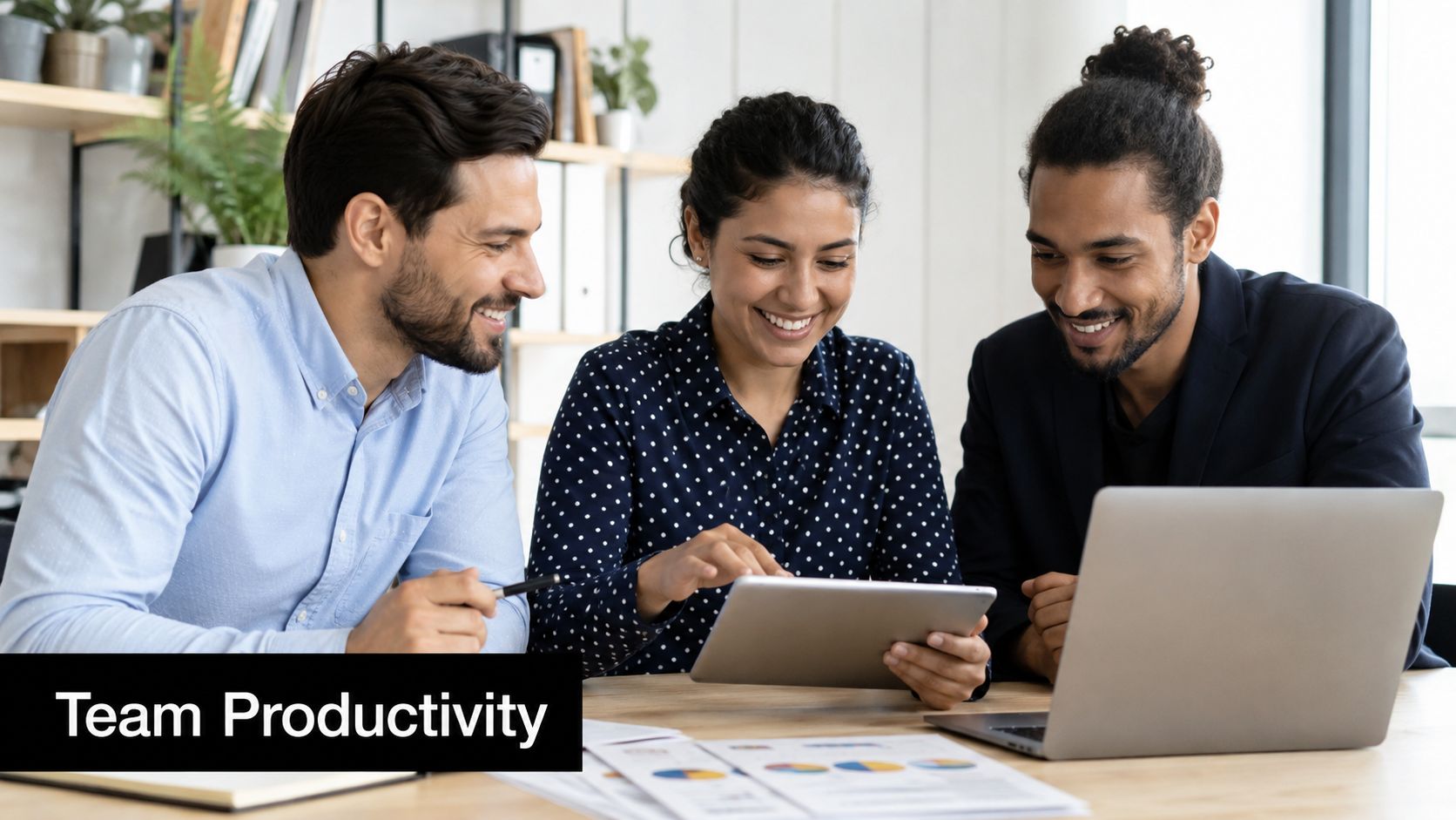 A diverse business team collaborating on a project while reviewing digital data on a tablet.