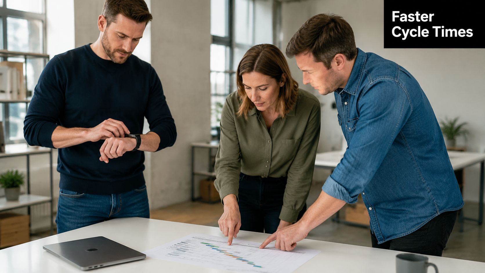 A professional team of three collaborating in an office while reviewing a project schedule on paper.
