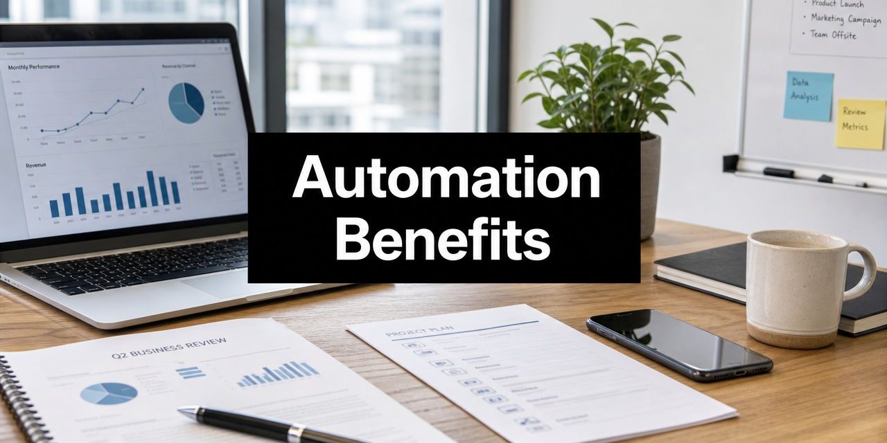 workflow-automation-benefits-workspace-desk Desk workspace with a laptop showing charts, printed reports, a smartphone, and a mug; central overlay reads 'Automation Benefits'.