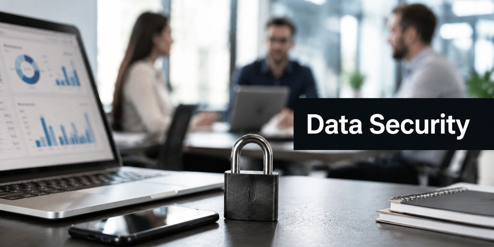 best-practices-for-data-security-data-security Lock on a desk with a laptop and office collaborators in the background; banner reads Data Security, emphasizing cybersecurity focus.