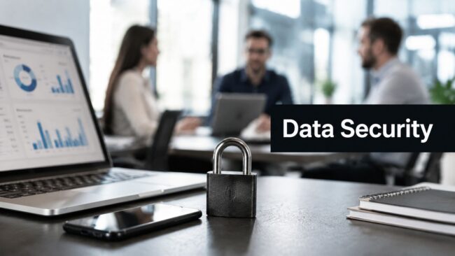 Lock on a desk with a laptop and office collaborators in the background; banner reads Data Security, emphasizing cybersecurity focus.