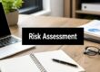 Desk workspace with a laptop, notebook, and glasses; a black banner reads 'Risk Assessment' across the center.