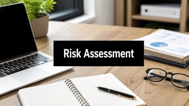 business-risk-assessment-office-desk Desk workspace with a laptop, notebook, and glasses; a black banner reads 'Risk Assessment' across the center.