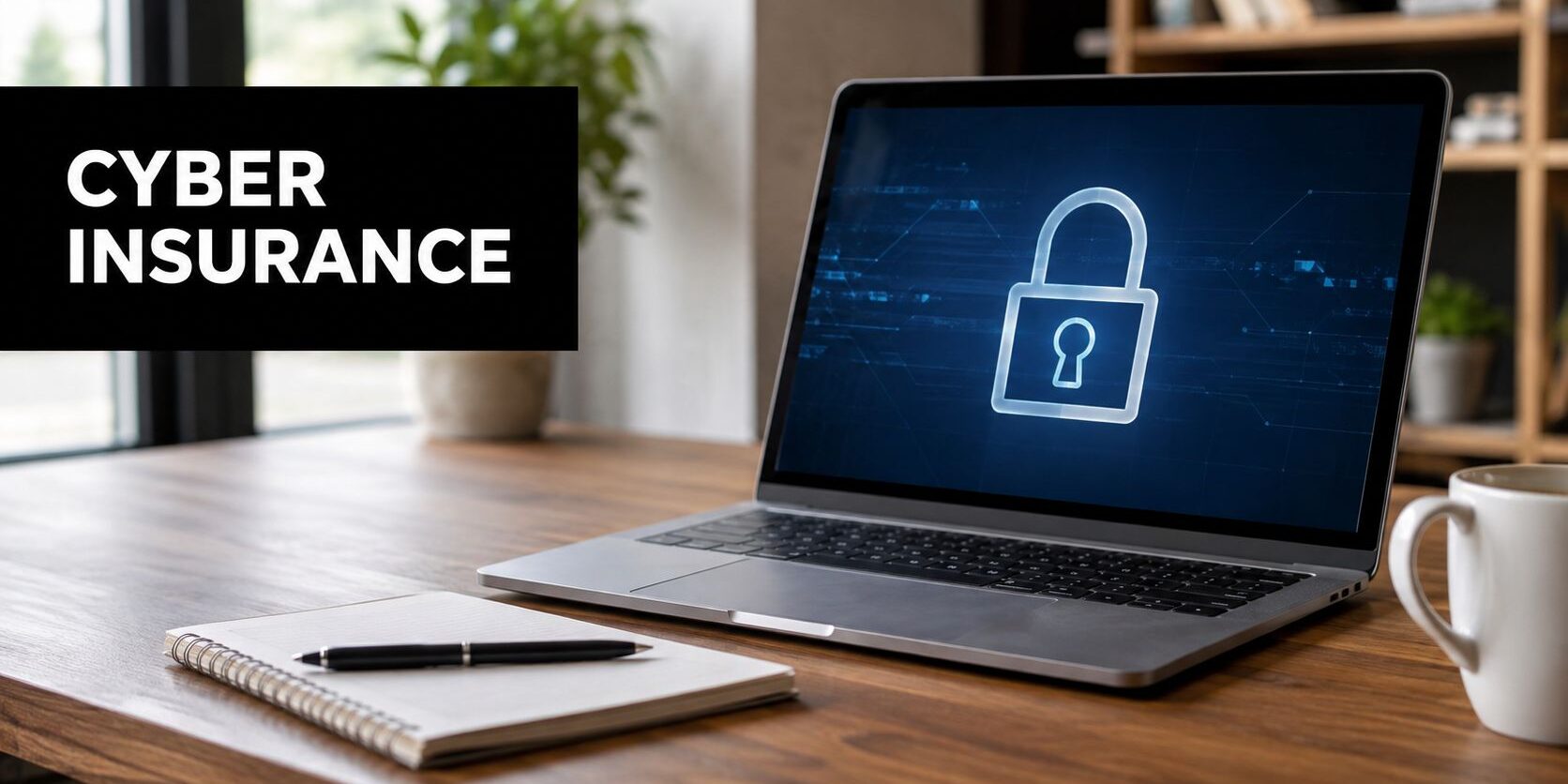 Laptop on a wooden desk showing a glowing padlock; banner says CYBER INSURANCE.