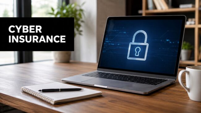 cyber-security-insurance-for-small-business-cyber-security Laptop on a wooden desk showing a glowing padlock; banner says CYBER INSURANCE.