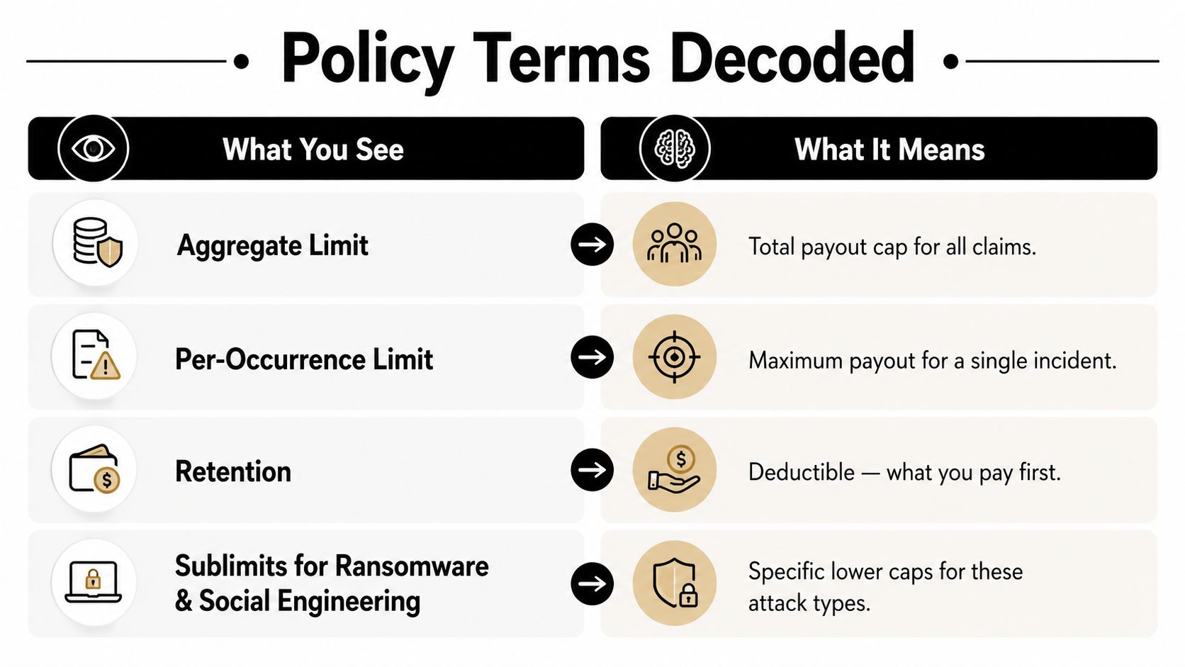 A chart explaining common insurance terms like aggregate limit, per-occurrence limit, retention, and sublimits for businesses.