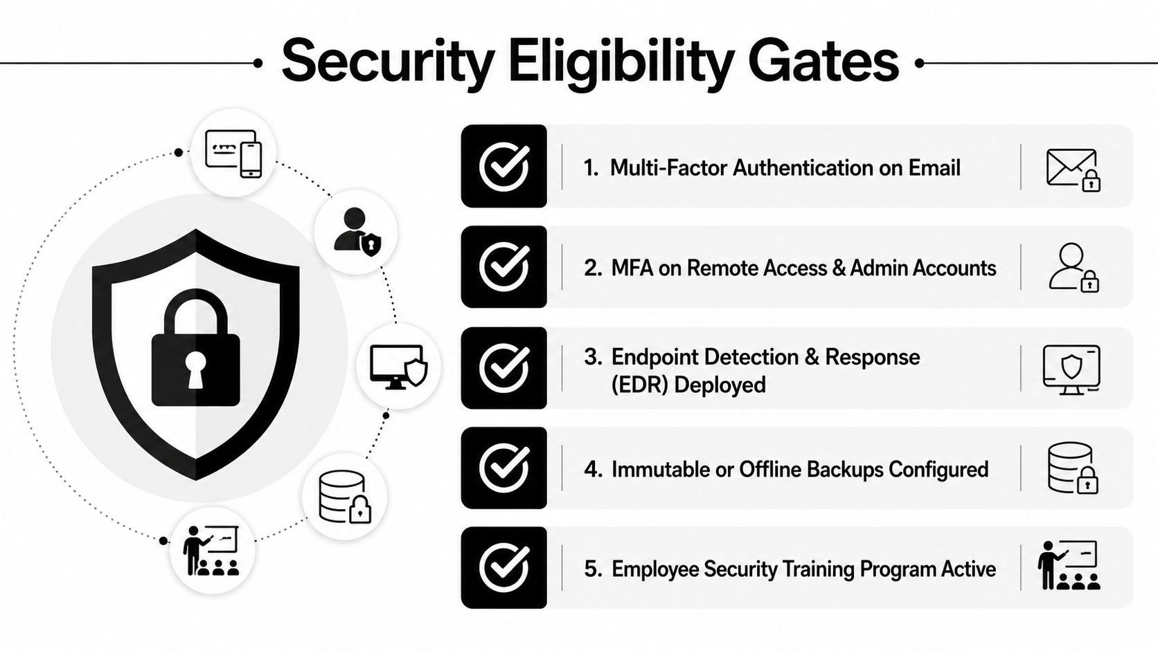 A list of five essential cybersecurity security eligibility gates for business insurance protection and data safety.