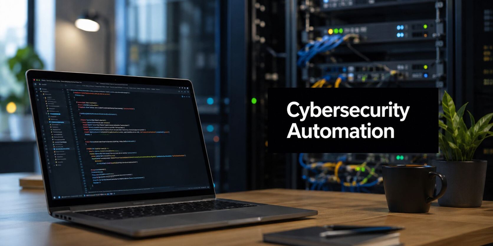 cybersecurity-automation-server-room Laptop displaying code on a wooden desk in a server room, with a black panel reading 'Cybersecurity Automation' nearby.