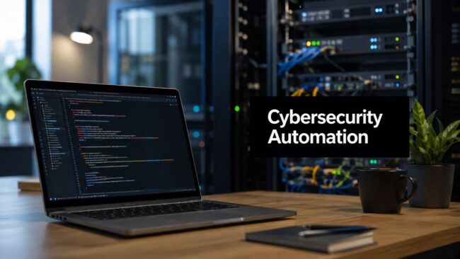 Laptop displaying code on a wooden desk in a server room, with a black panel reading 'Cybersecurity Automation' nearby.