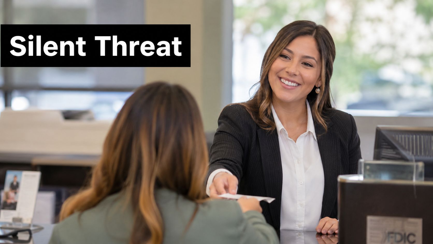 A friendly bank teller smiling while handing a document to a customer at a service counter.