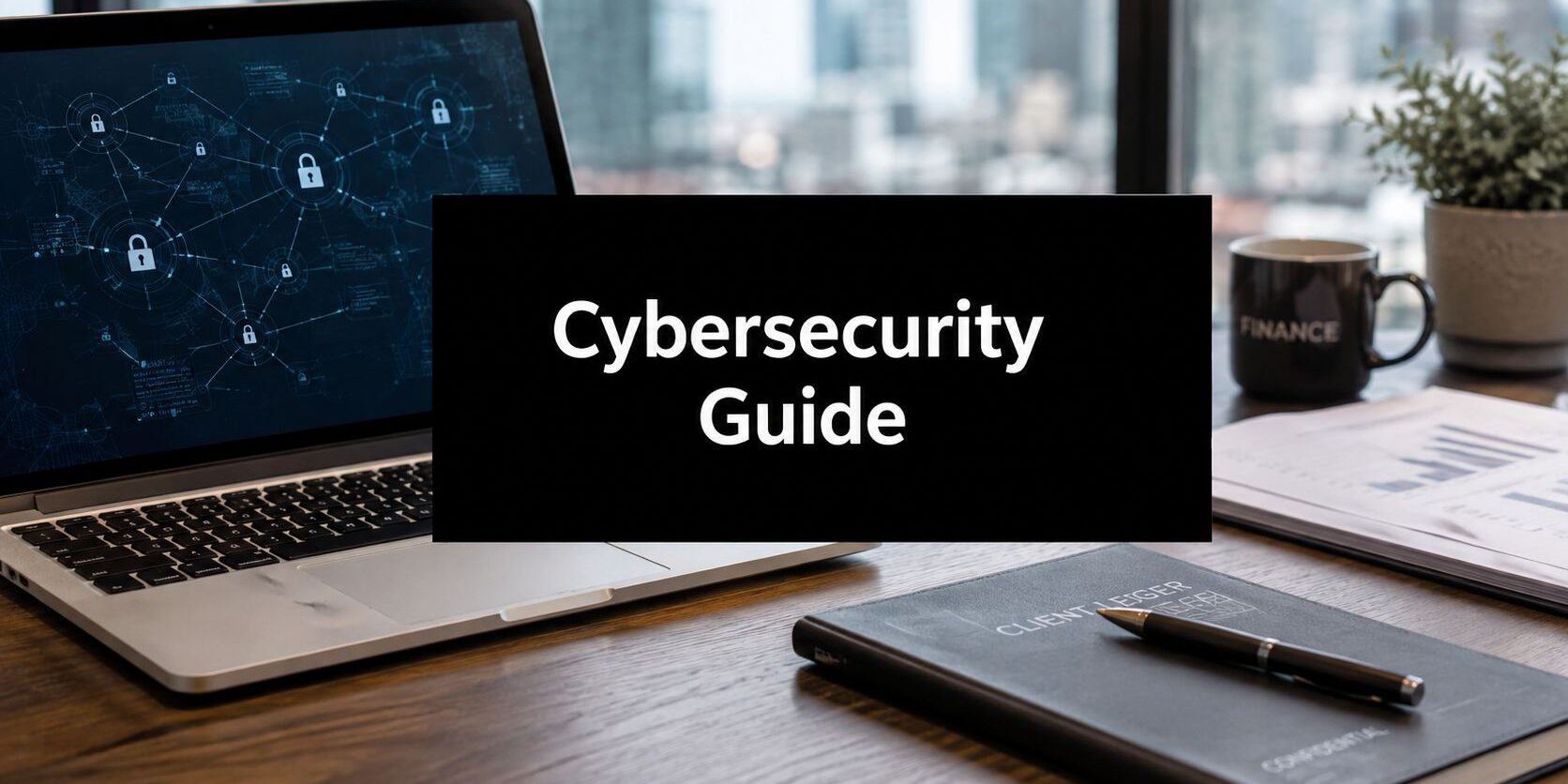 Laptop on a wooden desk with a black sign reading 'Cybersecurity Guide' in front of a security-themed screen and office items nearby.