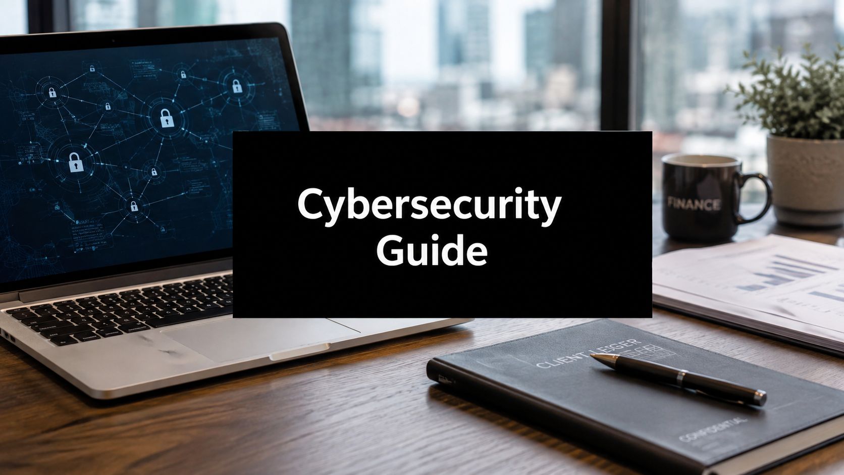 Laptop on a wooden desk with a black sign reading 'Cybersecurity Guide' in front of a security-themed screen and office items nearby.
