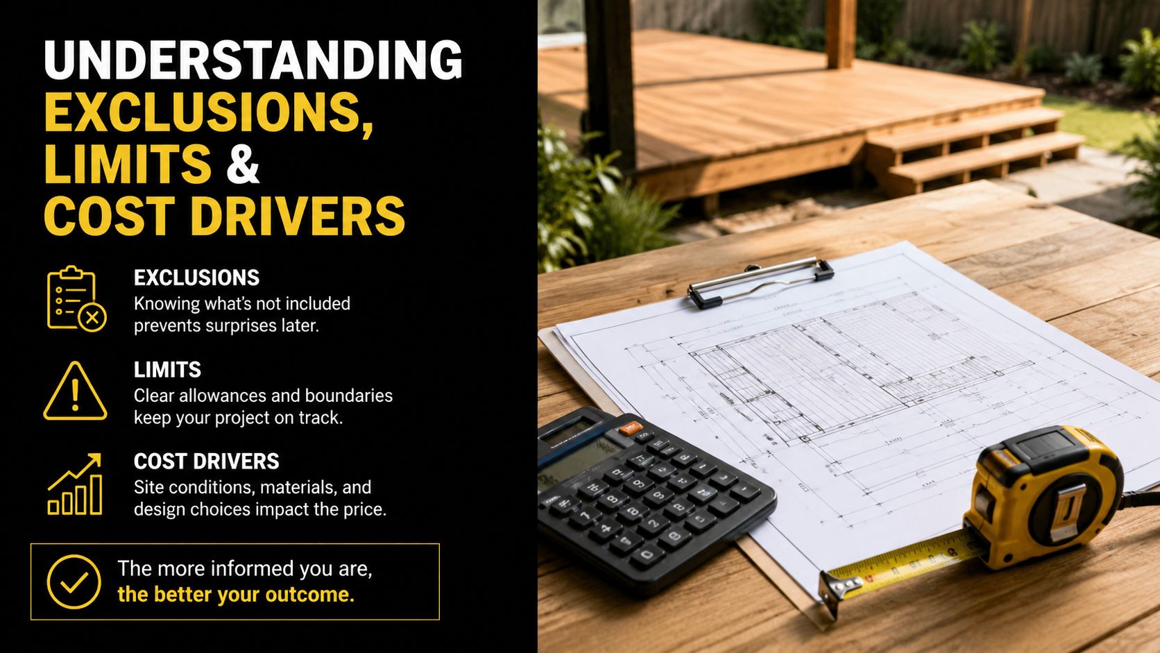 A graphic showing construction planning tips with a blueprint, calculator, and tape measure on a wooden desk.