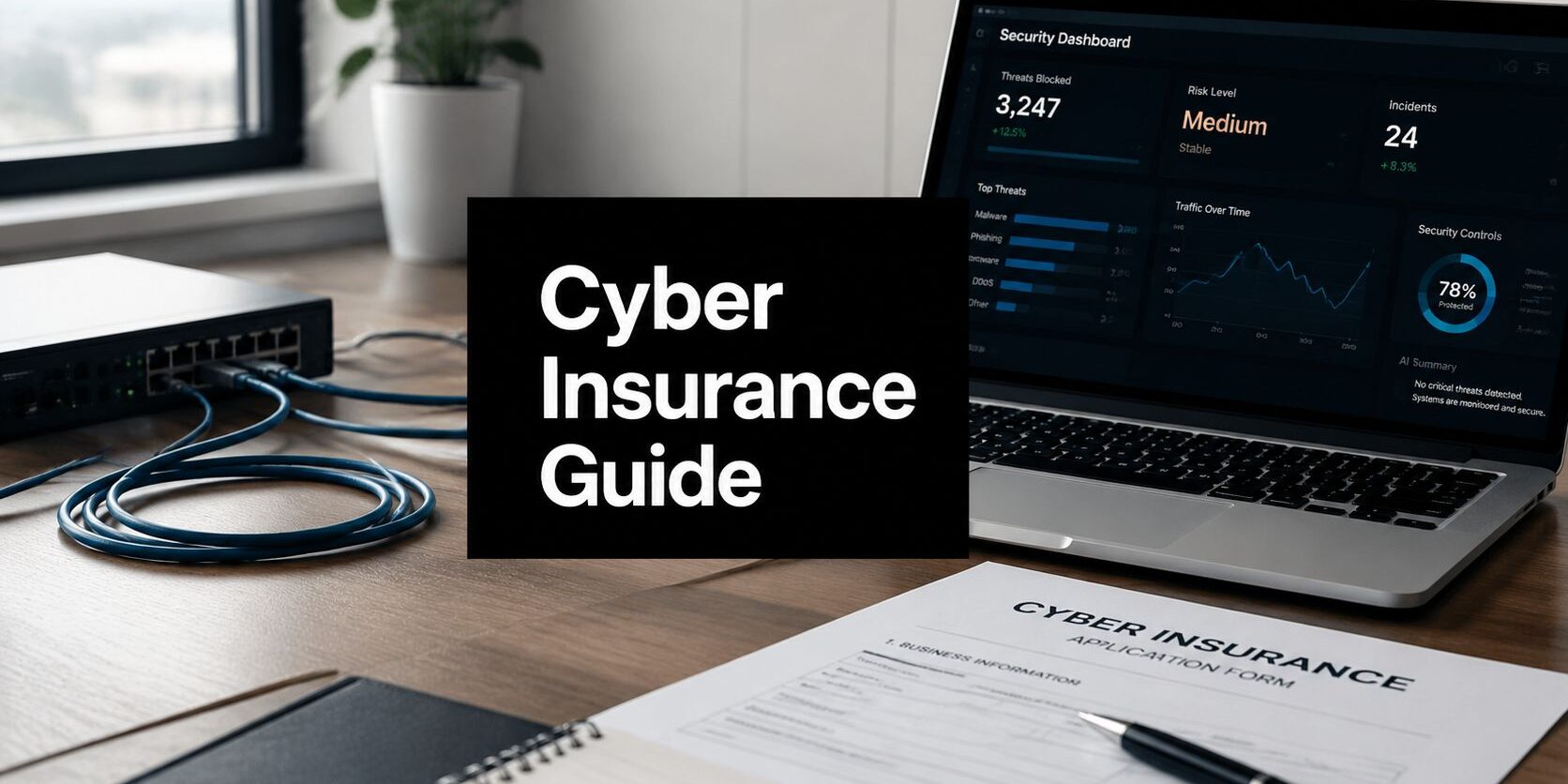 Black sign reading 'Cyber Insurance Guide' on a desk beside a laptop with a security dashboard visible on screen