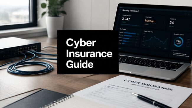 Black sign reading 'Cyber Insurance Guide' on a desk beside a laptop with a security dashboard visible on screen
