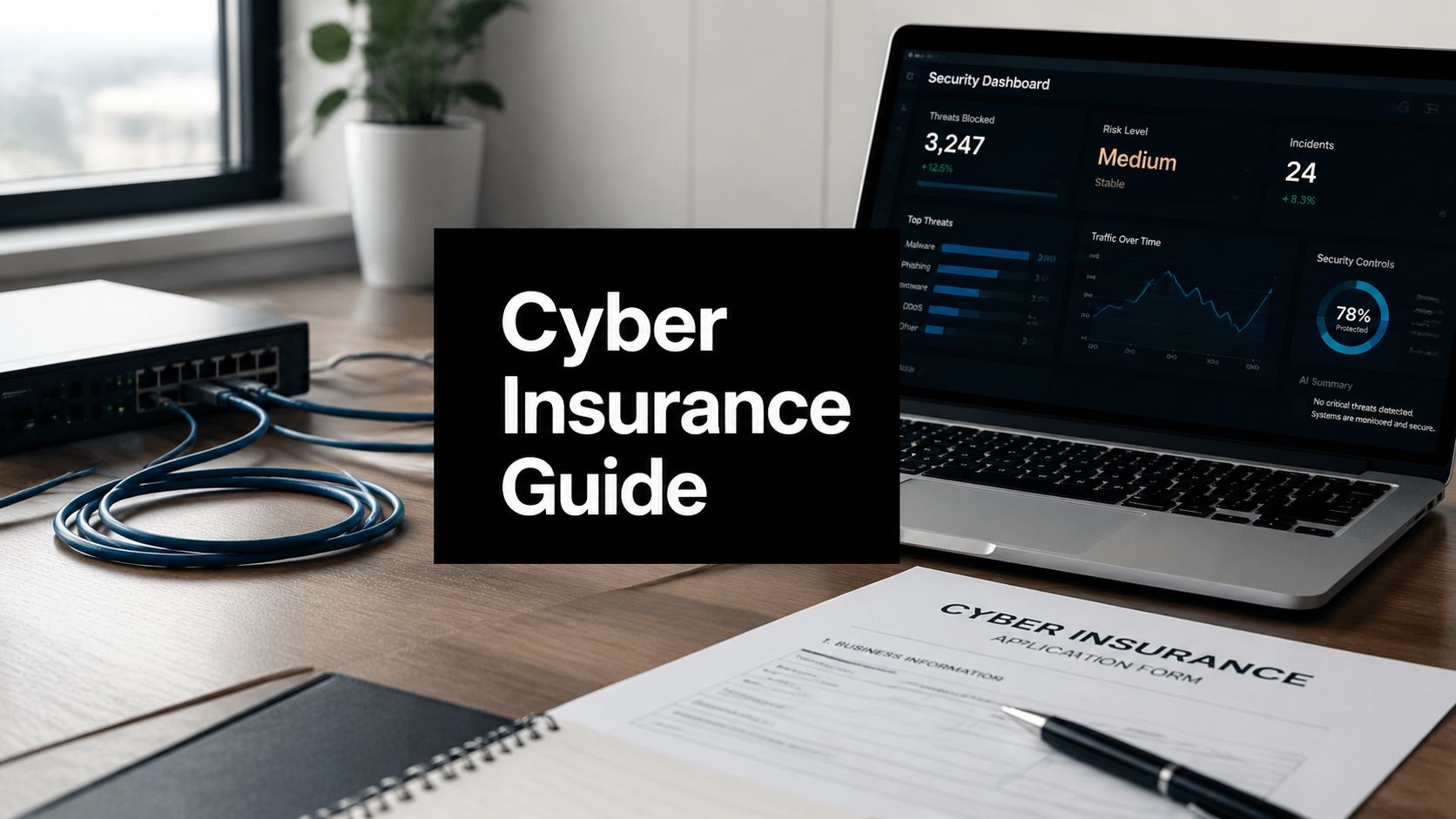 Black sign reading 'Cyber Insurance Guide' on a desk beside a laptop with a security dashboard visible on screen