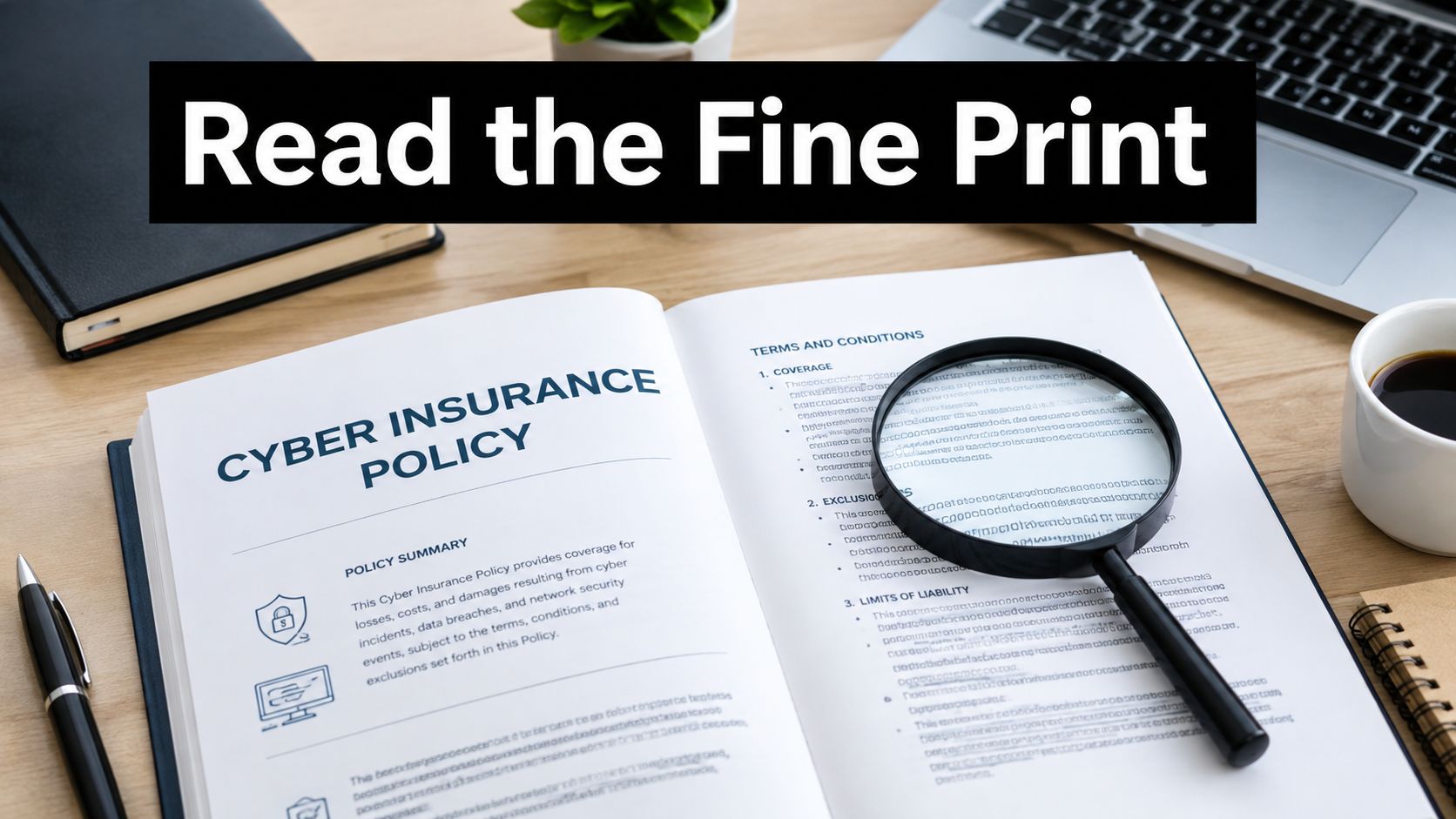 A magnifying glass resting on an open Cyber Insurance Policy book on a desk with office supplies.