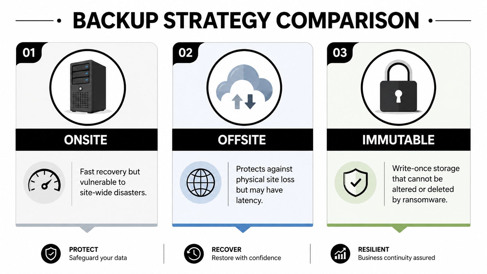A comparison chart outlining three backup strategies: onsite, offsite, and immutable storage for data protection.
