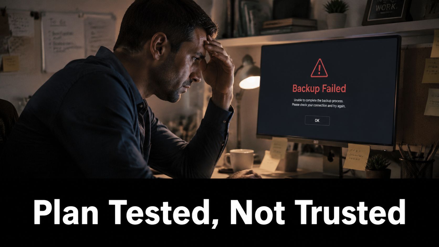 A man sitting at his desk looking stressed while viewing a backup failed error on his computer screen.