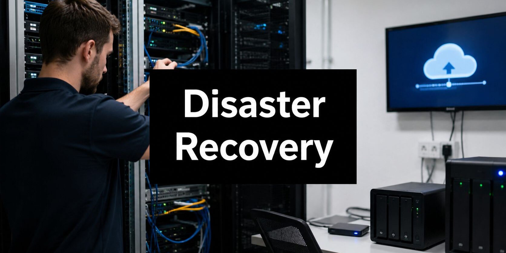 Data center racks with network cables and a large black sign reading 'Disaster Recovery' in the foreground, conveying IT recovery focus
