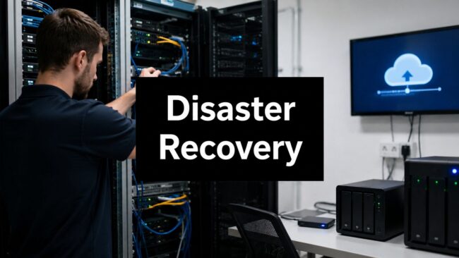 Data center racks with network cables and a large black sign reading 'Disaster Recovery' in the foreground, conveying IT recovery focus