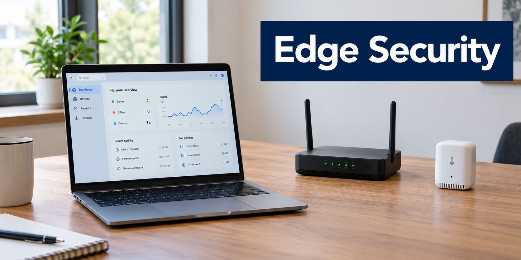 Office desk setup with a laptop displaying a network dashboard, a black wireless router, and a small white thermometer-humidistat device; Edge Security banner above.