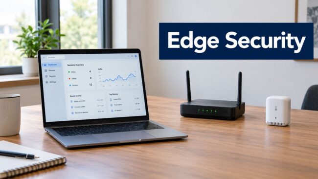 edge-computing-security-network-dashboard Office desk setup with a laptop displaying a network dashboard, a black wireless router, and a small white thermometer-humidistat device; Edge Security banner above.
