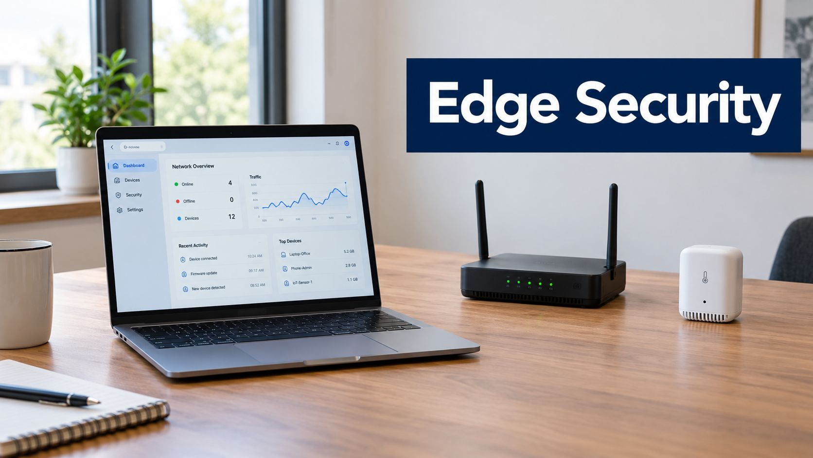 Office desk setup with a laptop displaying a network dashboard, a black wireless router, and a small white thermometer-humidistat device; Edge Security banner above.
