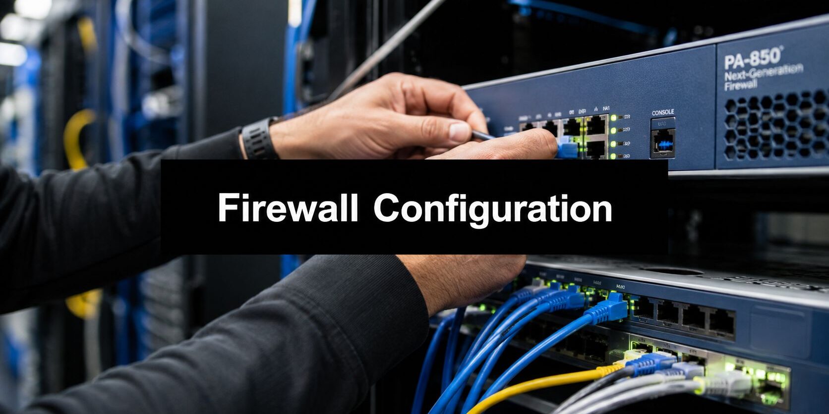 firewall-configuration-network-hardware IT technician configures a firewall appliance in a data center, adjusting cables and ports on a rack.