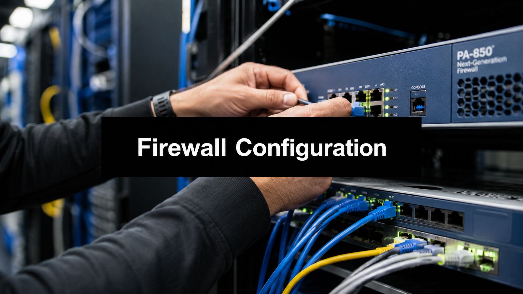 IT technician configures a firewall appliance in a data center, adjusting cables and ports on a rack.