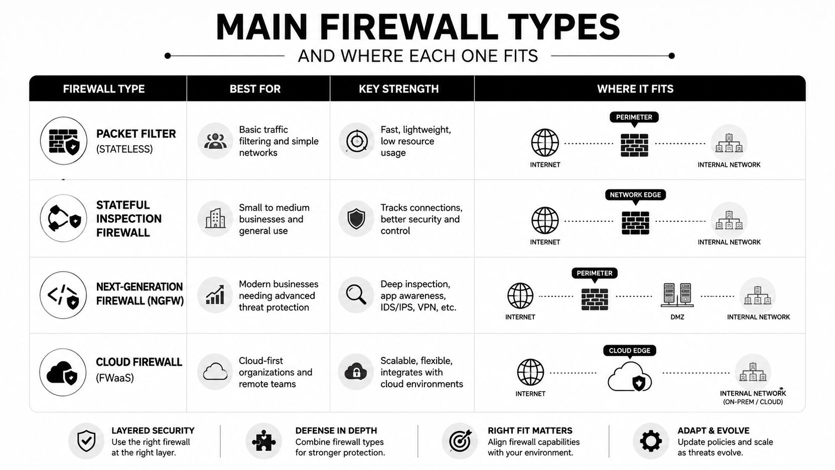 A comparison chart outlining four main types of firewalls, their use cases, strengths, and network placement.