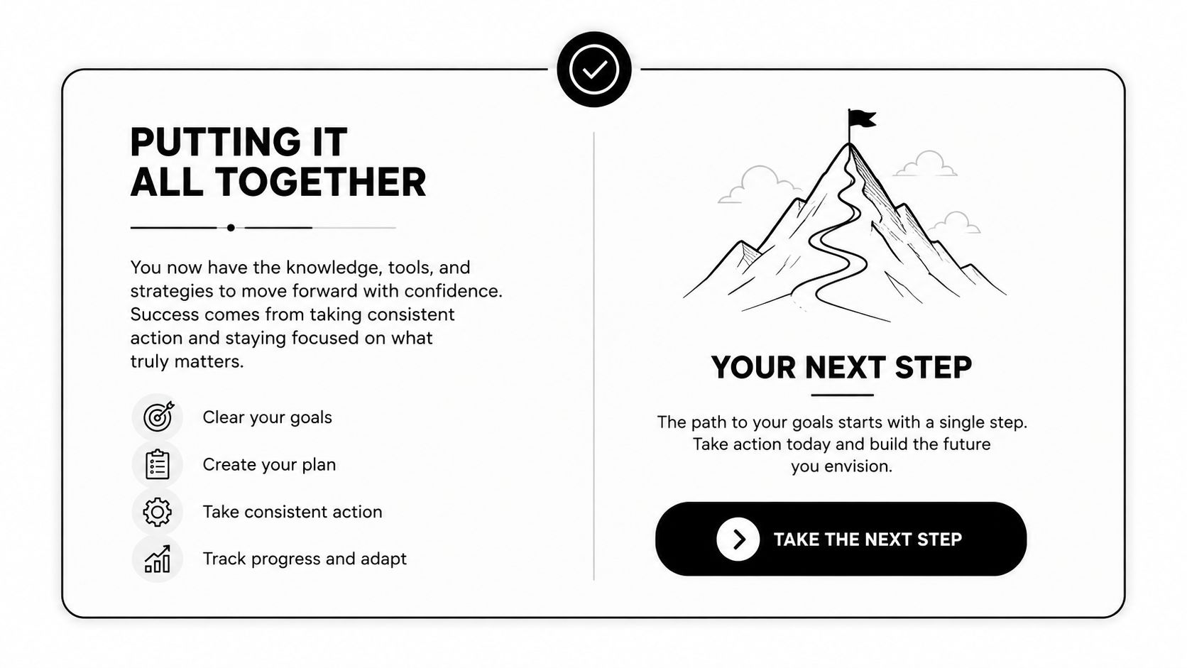 A motivational graphic titled Putting It All Together, showing steps to reach goals with a mountain illustration.