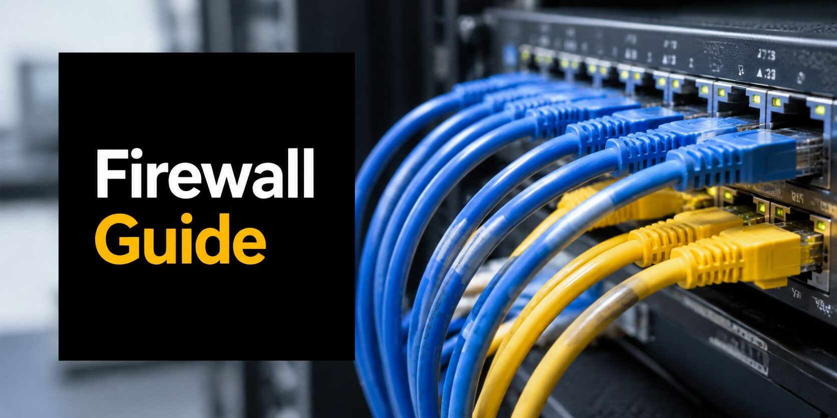 firewalls-for-businesses-network-cables Panel with text 'Firewall Guide' beside a network rack with blue and yellow Ethernet cables plugged into a switch/patch panel.