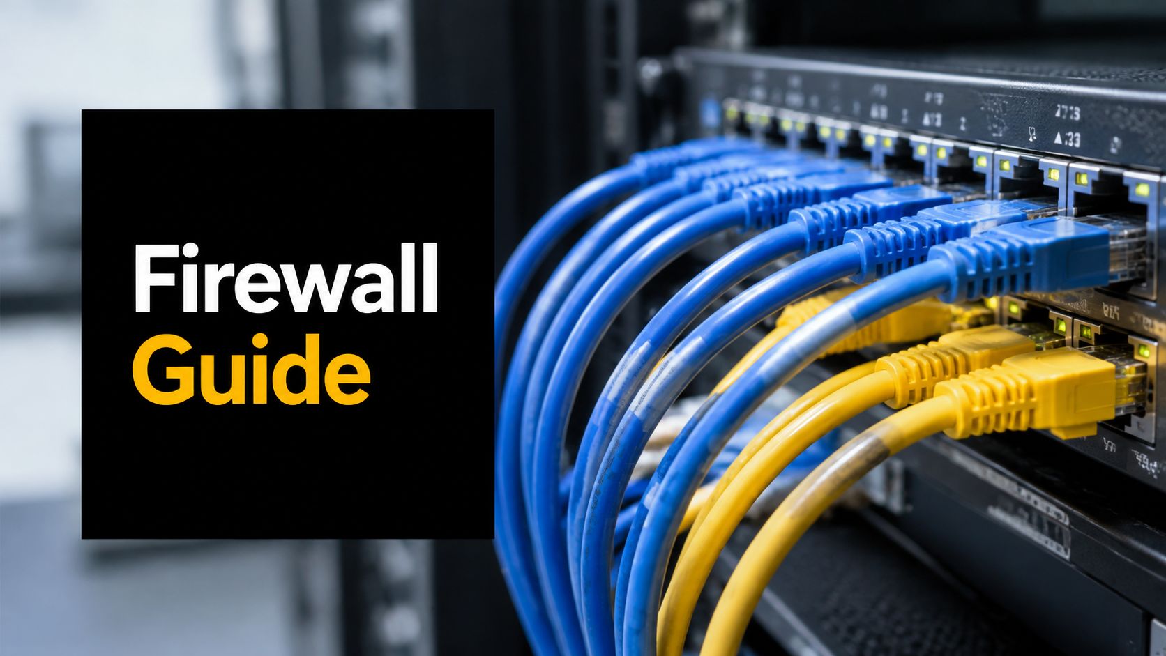 Panel with text 'Firewall Guide' beside a network rack with blue and yellow Ethernet cables plugged into a switch/patch panel.