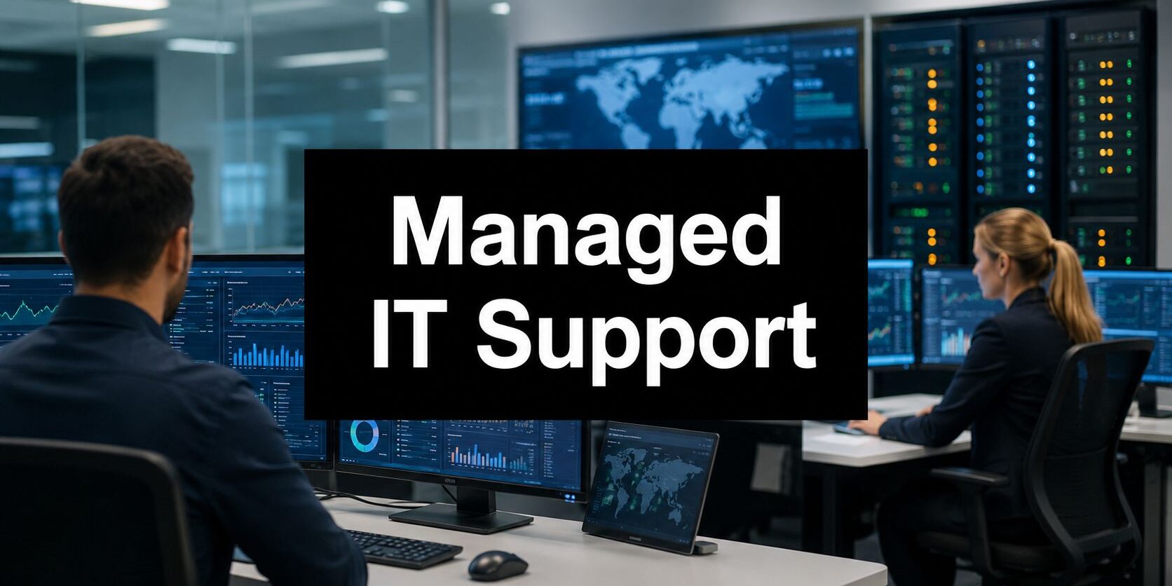fully-managed-it-support-it-operations Two IT professionals monitor multiple screens in a server room, with a bold 'Managed IT Support' banner across the center.