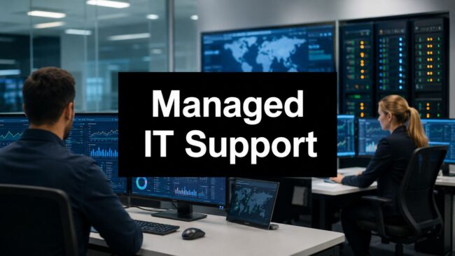 Two IT professionals monitor multiple screens in a server room, with a bold 'Managed IT Support' banner across the center.
