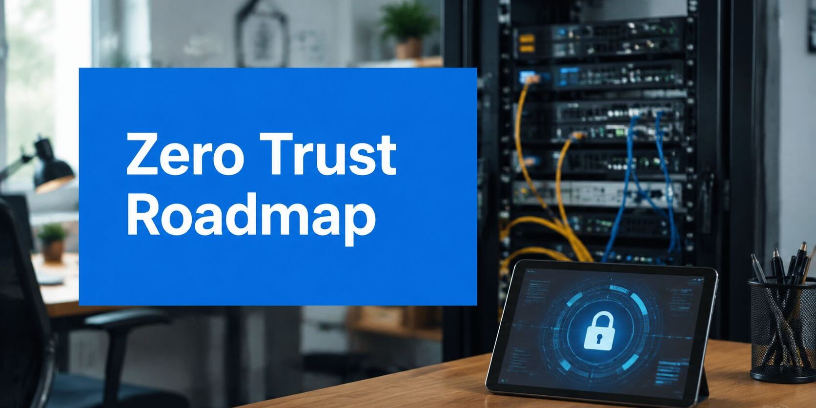 how-to-implement-zero-trust-network-security Blue sign reading 'Zero Trust Roadmap' in a data-center setting with a tablet showing a security lock and a server rack nearby, conveying cybersecurity planning.
