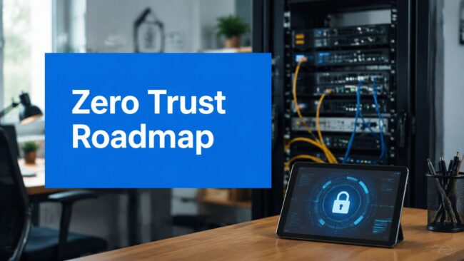 Blue sign reading 'Zero Trust Roadmap' in a data-center setting with a tablet showing a security lock and a server rack nearby, conveying cybersecurity planning.