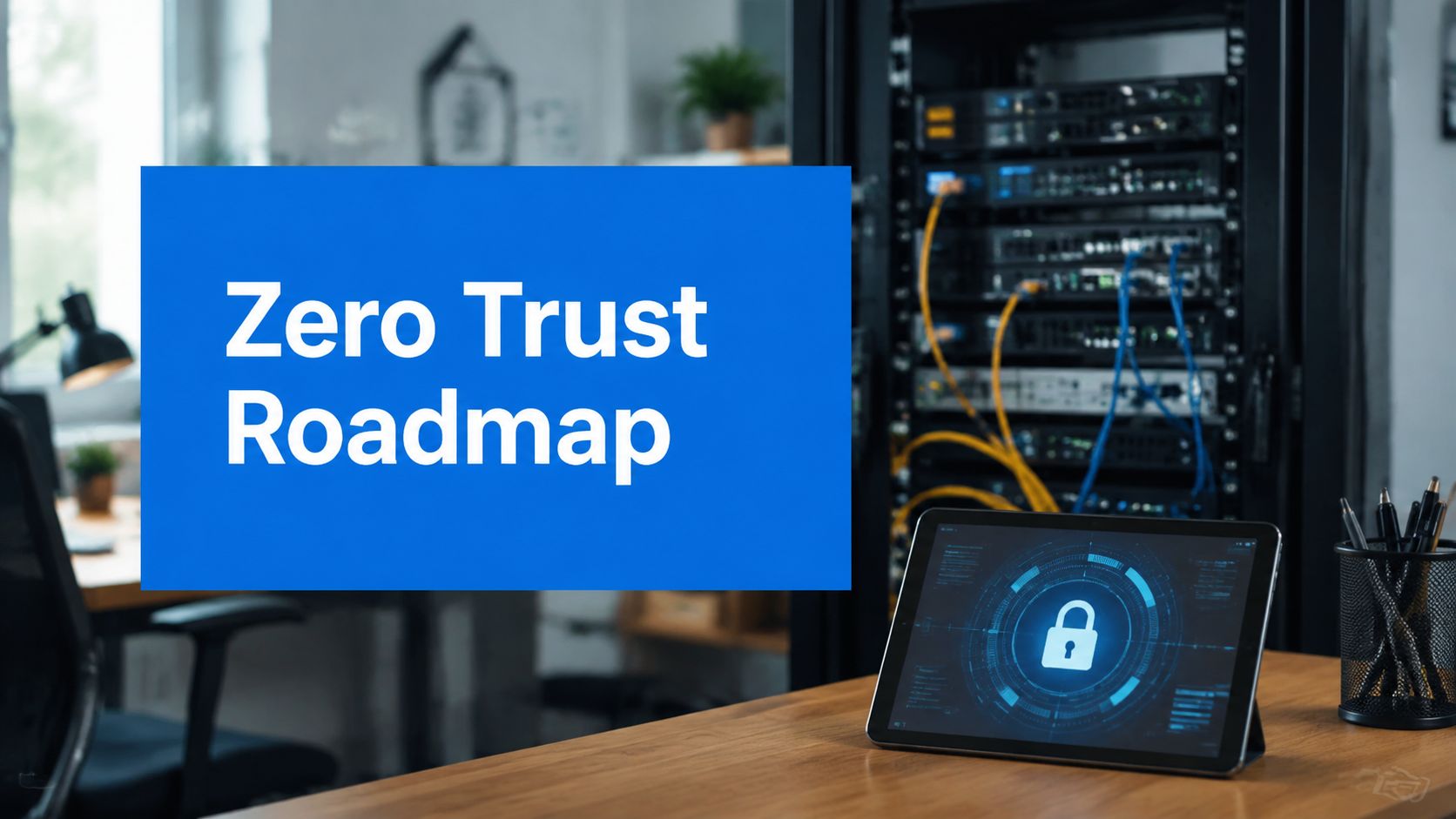 Blue sign reading 'Zero Trust Roadmap' in a data-center setting with a tablet showing a security lock and a server rack nearby, conveying cybersecurity planning.