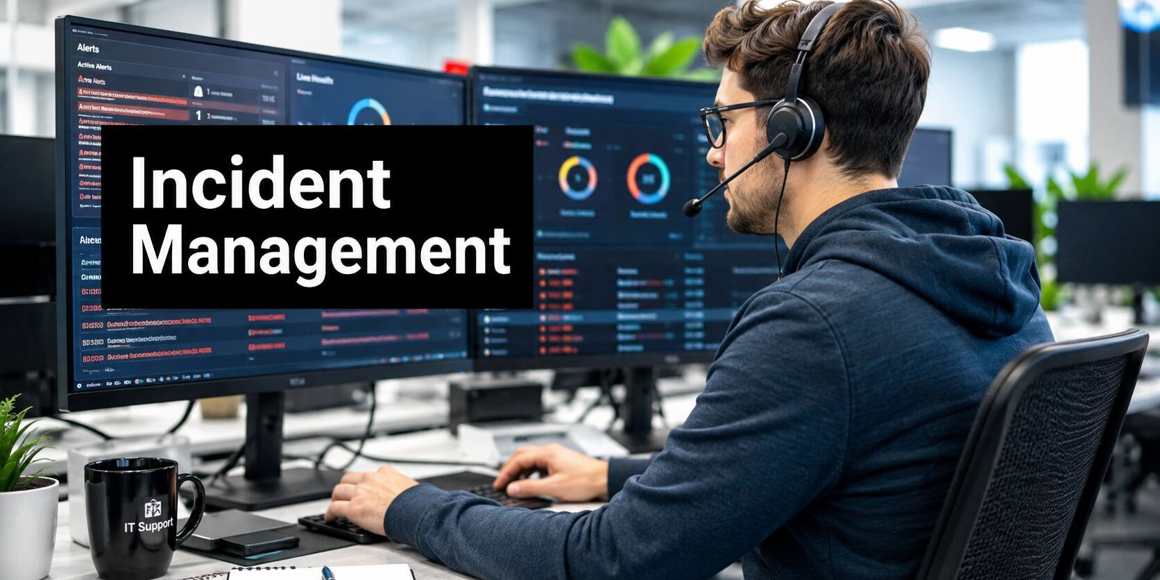 incident-management-process-it-support IT support analyst with headset reviewing a multi-monitor incident management dashboard.