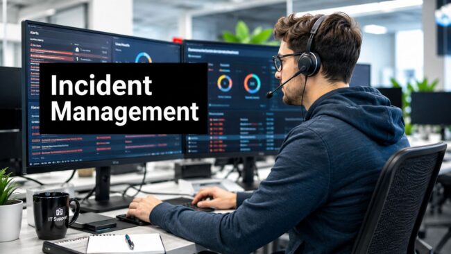 IT support analyst with headset reviewing a multi-monitor incident management dashboard.