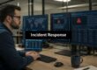 Man wearing glasses works at a multi-monitor desk setup with a bold 'Incident Response' banner across the screen.