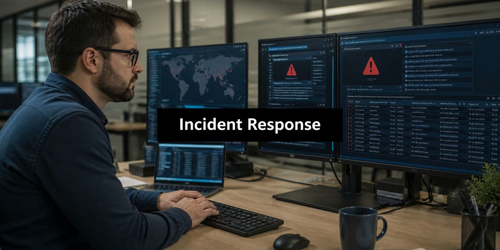 Man wearing glasses works at a multi-monitor desk setup with a bold 'Incident Response' banner across the screen.