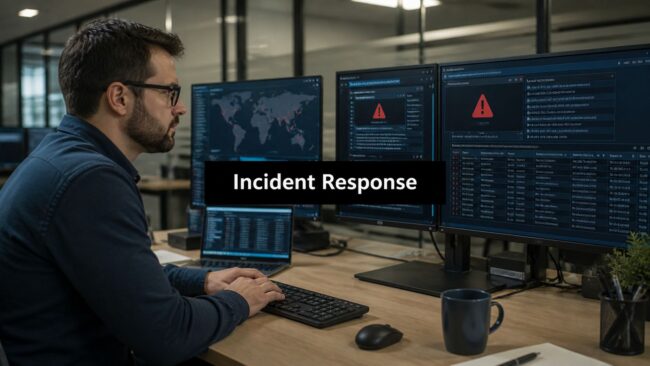 incident-response-procedures-cyber-security Man wearing glasses works at a multi-monitor desk setup with a bold 'Incident Response' banner across the screen.